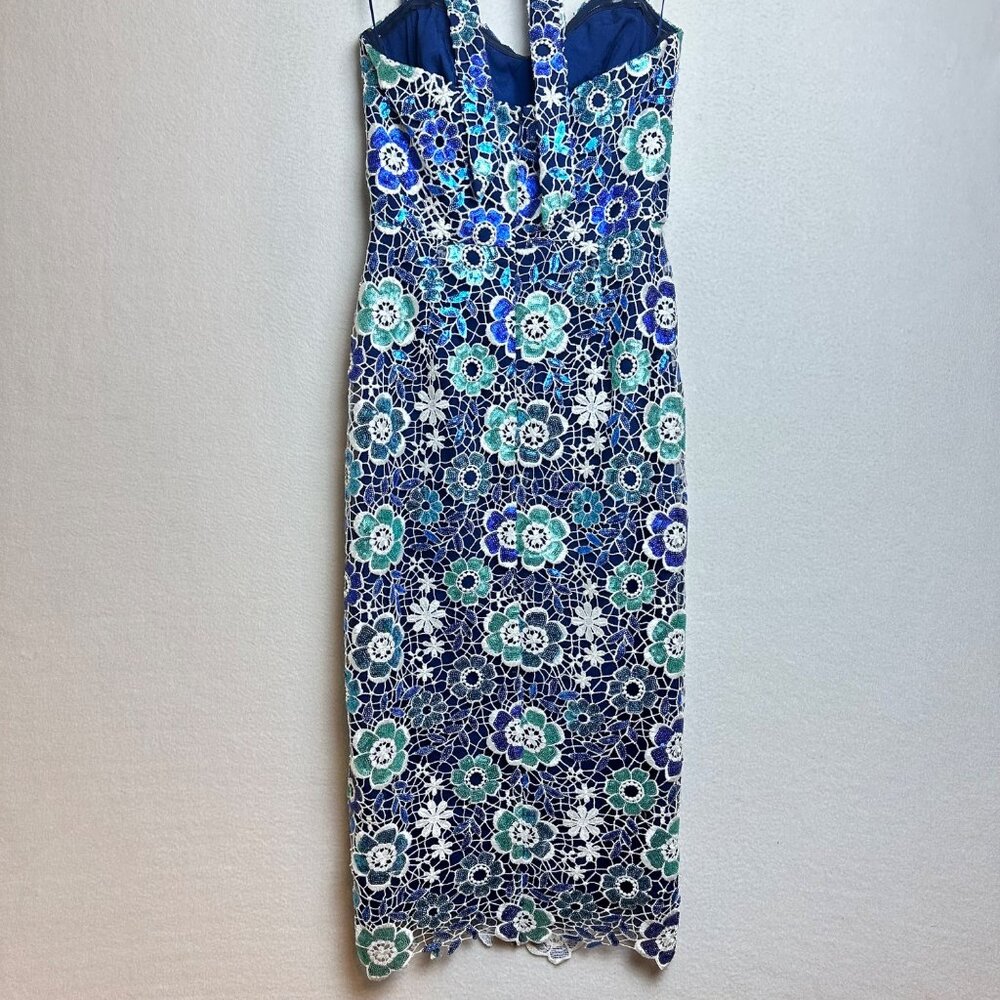 Dress the Population Blue White Floral Backless Lace Midi Dress - Picture 11 of 14